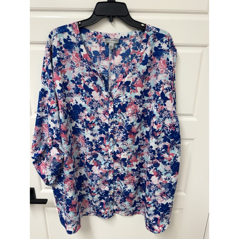 Catherines Womens Plus 3X Floral Button Up Flowy Tunic Top Vneck Blue Pink EUC